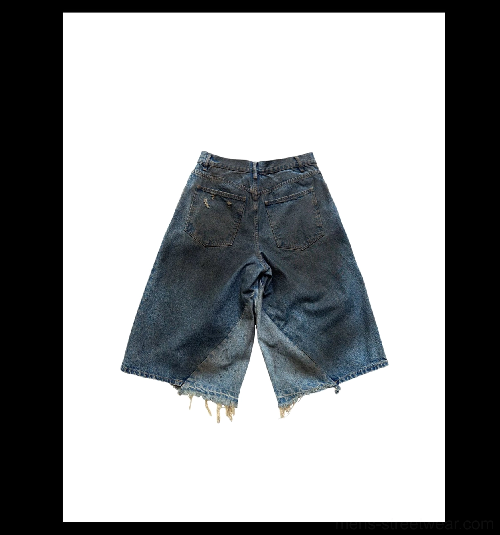 Flat lay rear view of black distressed oil-washed cropped wide-leg gaucho jeans with back pockets, vintage fading, and raw frayed hem openings