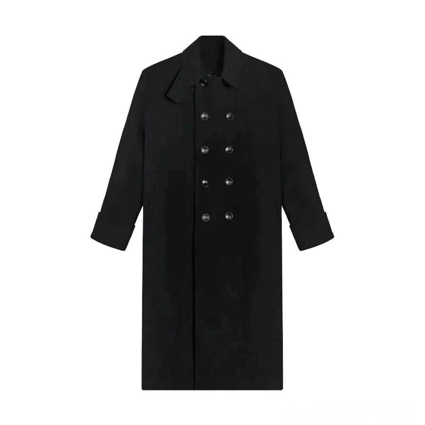 Flat lay of black double-breasted long overcoat showing notched lapel round buttons adjustable cuffs and belted back design