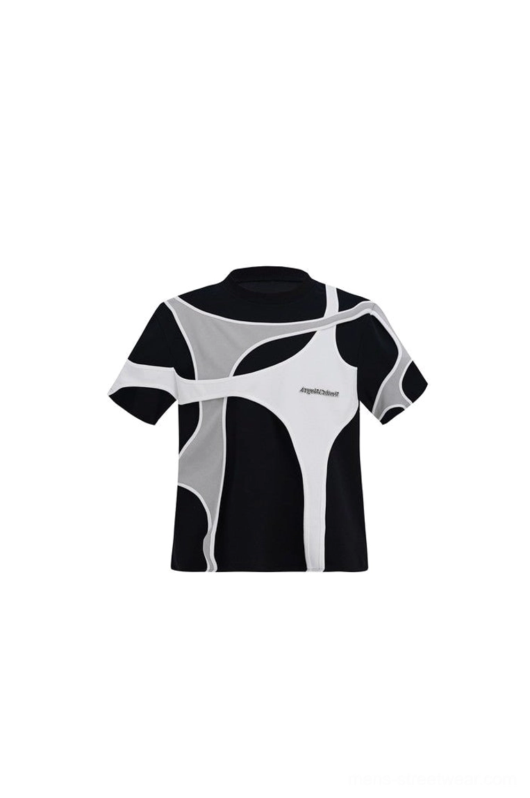 Black double layer deconstructed oversized t-shirt flat product view with white and grey asymmetric layered contrast details