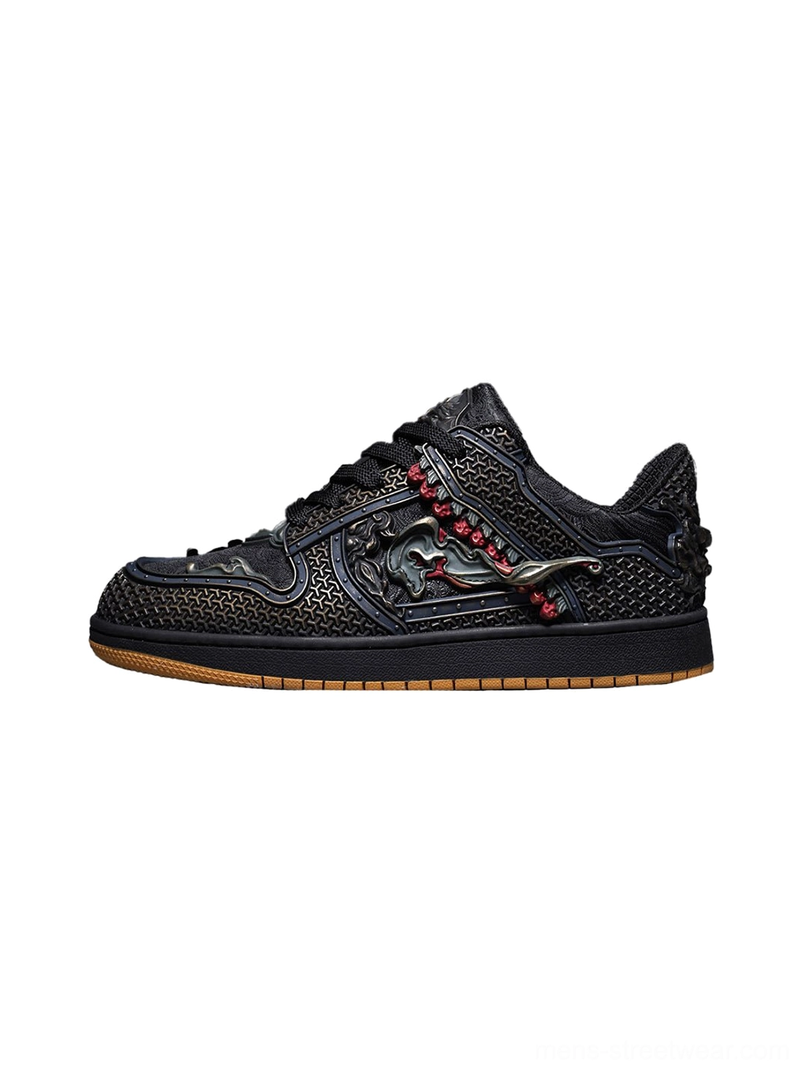 Black dragon embroidered low-top streetwear sneakers with bronze decorative patterns, red bead accents, perforated upper texture, and gum rubber outsole