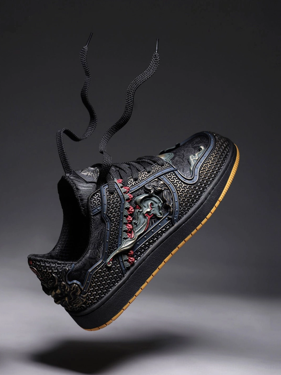 Black dragon embroidered sneakers with contrasting gum outsole for Korean-inspired and Japanese streetwear outfits