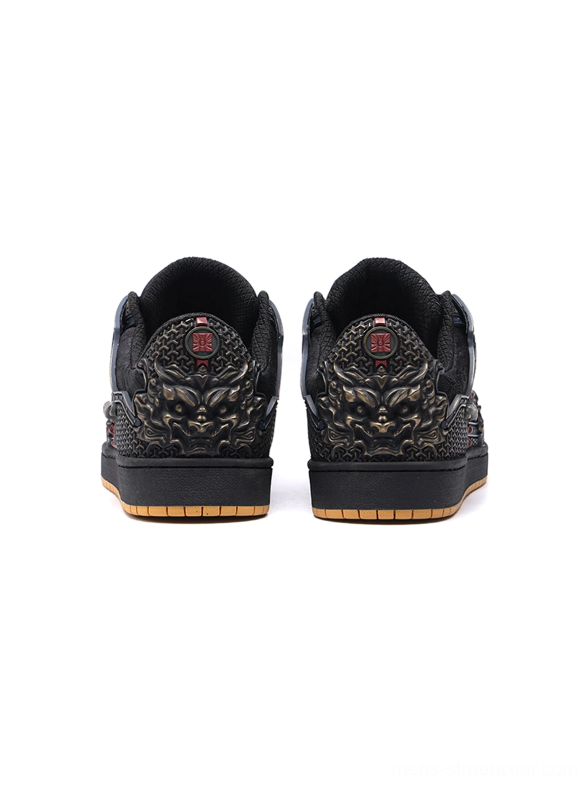 Black dragon embroidered streetwear footwear designed with a streamlined low-top silhouette and mythical graphic details