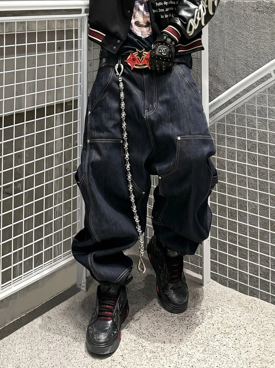 Black dragon relief chunky platform sneakers worn with baggy denim and varsity jacket front lower body view