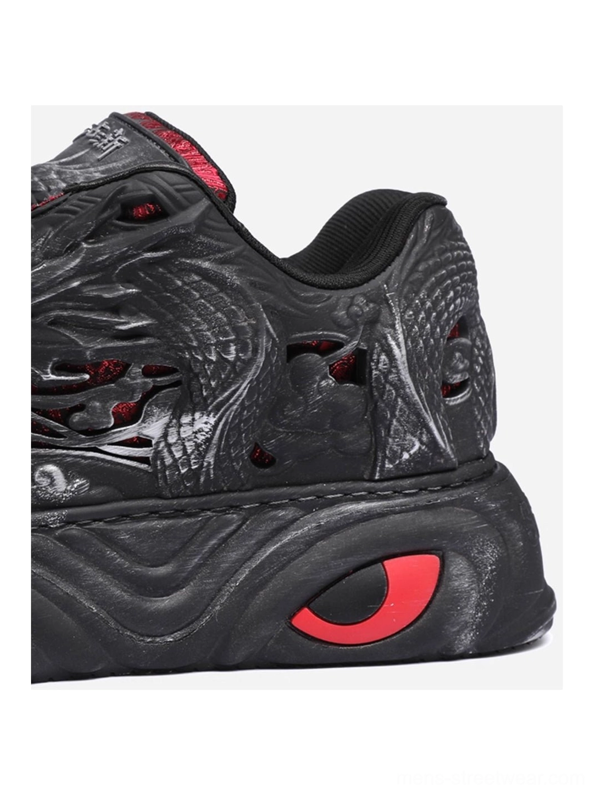 Black dragon relief chunky platform sneakers black and red Y2K streetwear footwear view