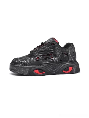 Black dragon relief chunky platform sneakers left side view with embossed dragon upper and red sole accents