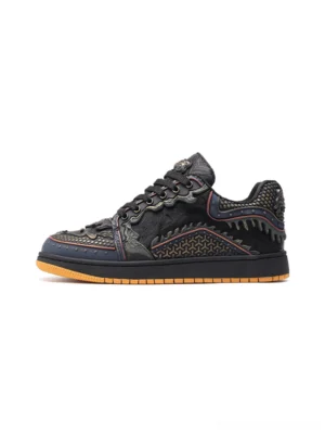 Black dragon scale embossed low top streetwear sneaker with bronze details, studded panels, and gum rubber sole shown from the side