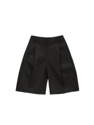 Front flat lay of black draped loose-fit streetwear shorts with pleated front, wide-leg silhouette, tailored waistband, and solid monochrome design