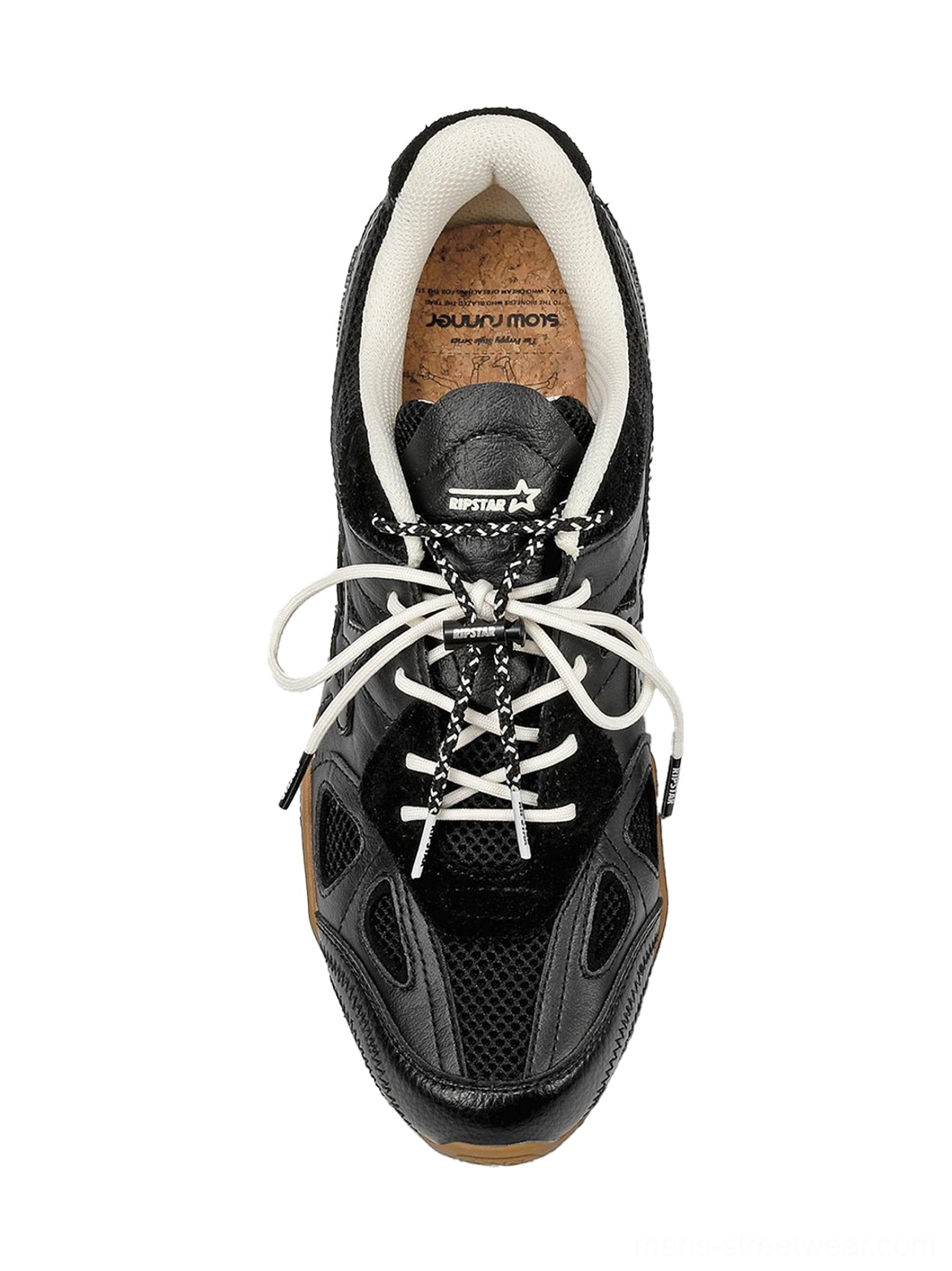 Top-down view of a black drawcord runner sneaker showing the insole, adjustable lacing system, layered upper, and heel detailing