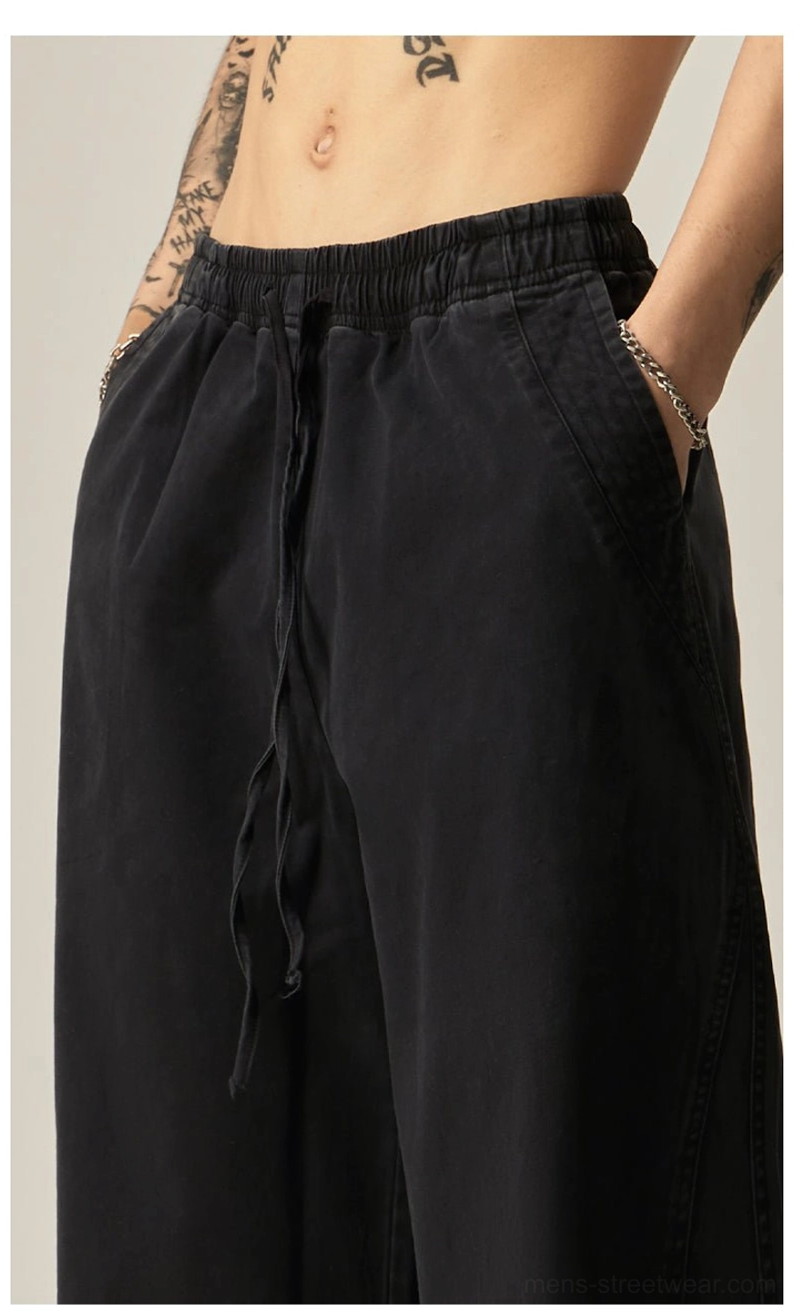 Black drawstring wide-leg pants back view solid matte black finish oversized silhouette minimalist streetwear essential piece