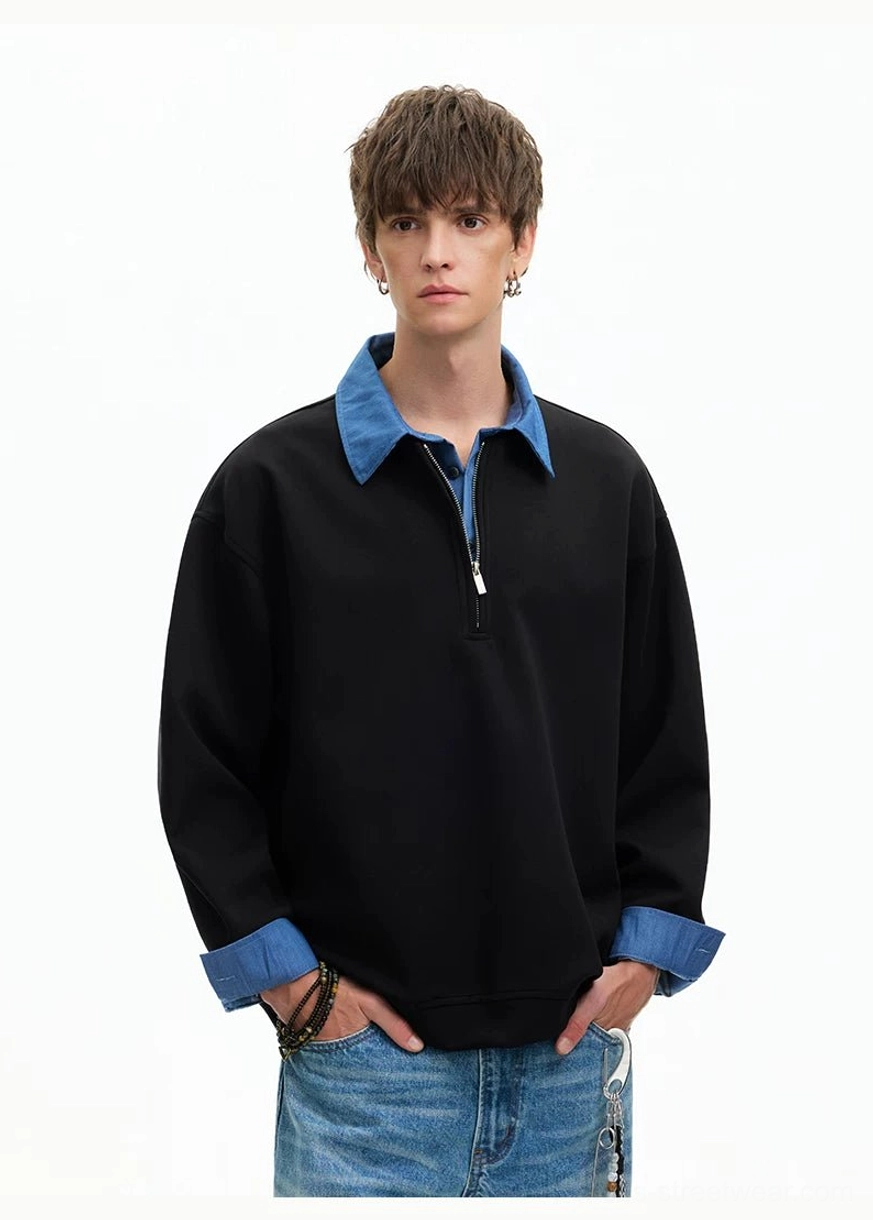 Black layered collar sweatshirt with drop shoulders and blue shirt-style cuffs styled with casual streetwear accessories