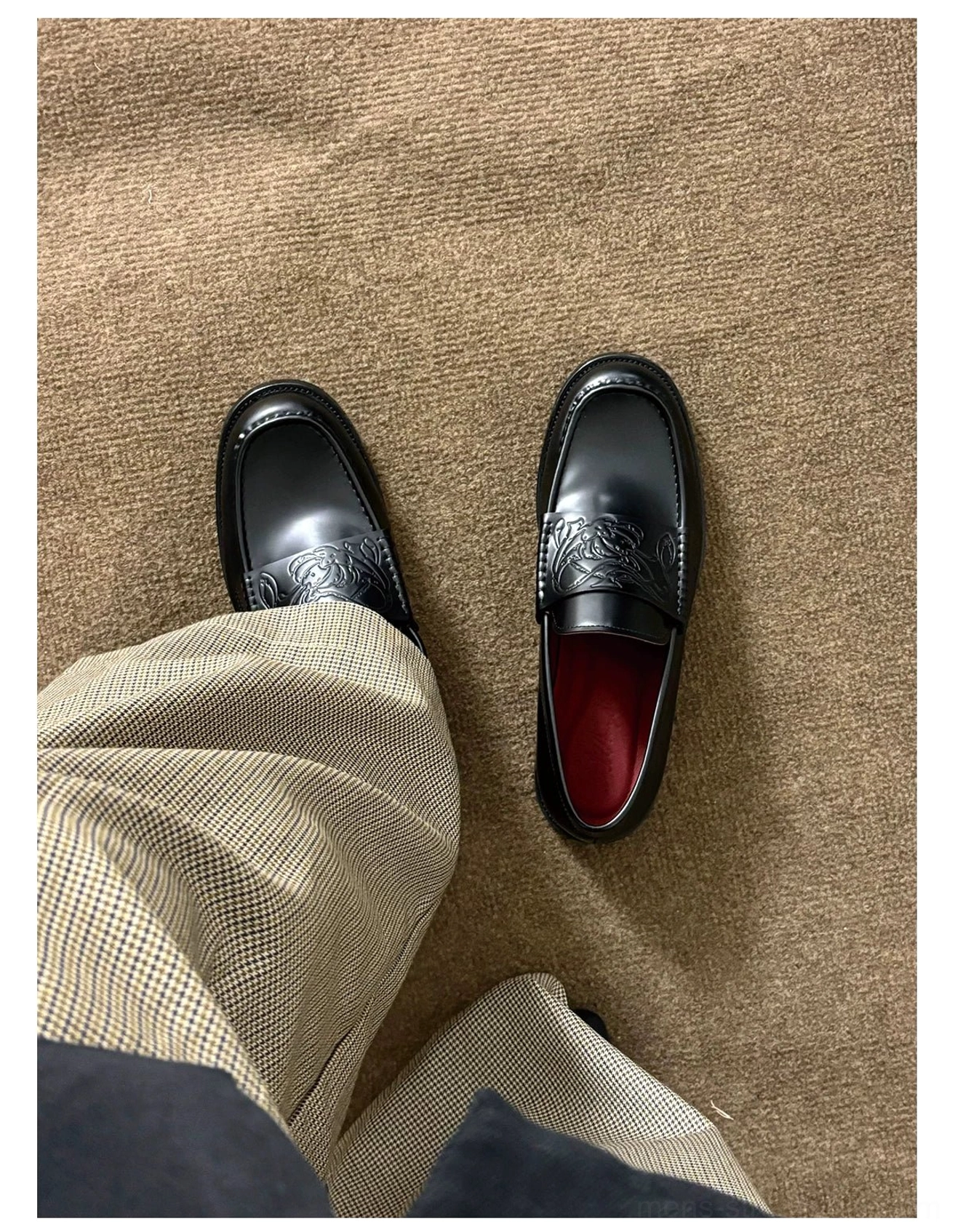 Black embossed leather loafers with burgundy lining and square-toe streetwear styling product view