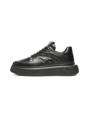 Black embossed platform sneakers shown from a low front-side angle with textured synthetic leather panels and chunky sculpted soles