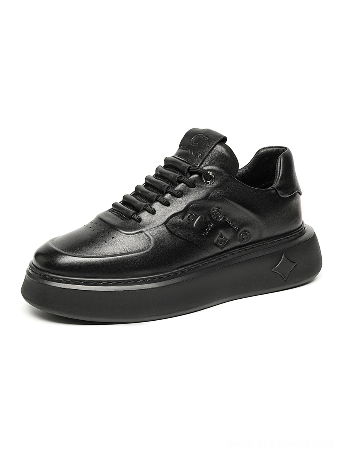 Black embossed platform sneakers product image featuring a chunky low-top silhouette and modern Korean streetwear design