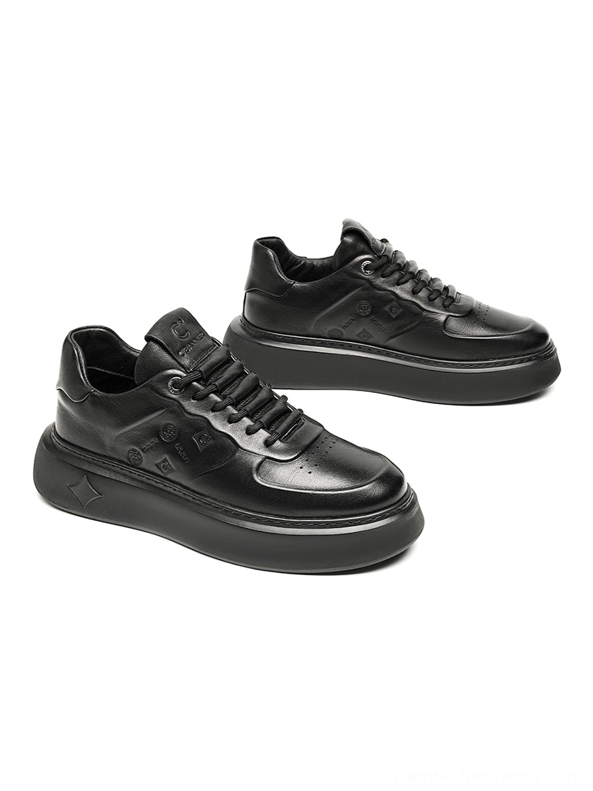 Modern black embossed platform shoes designed for baggy denim, wide-leg trousers, and contemporary Korean fashion outfits