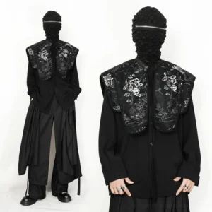 Black embroidered landscape cape collar long sleeve shirt front full body view with wide leg black trousers