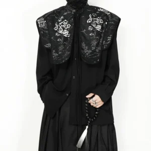 Black East Asian streetwear shirt with silver embroidered landscape cape collar front view