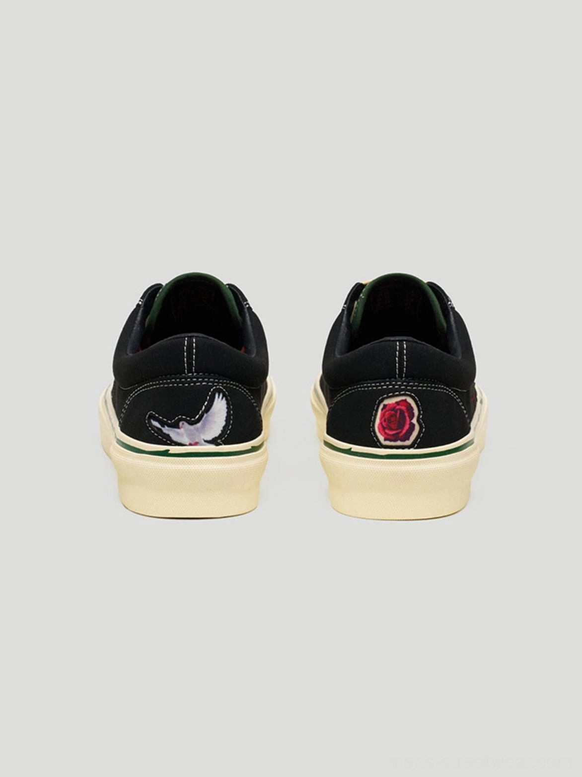 Black embroidered skate shoes with vintage-tone rubber soles for Korean-inspired casual streetwear outfits