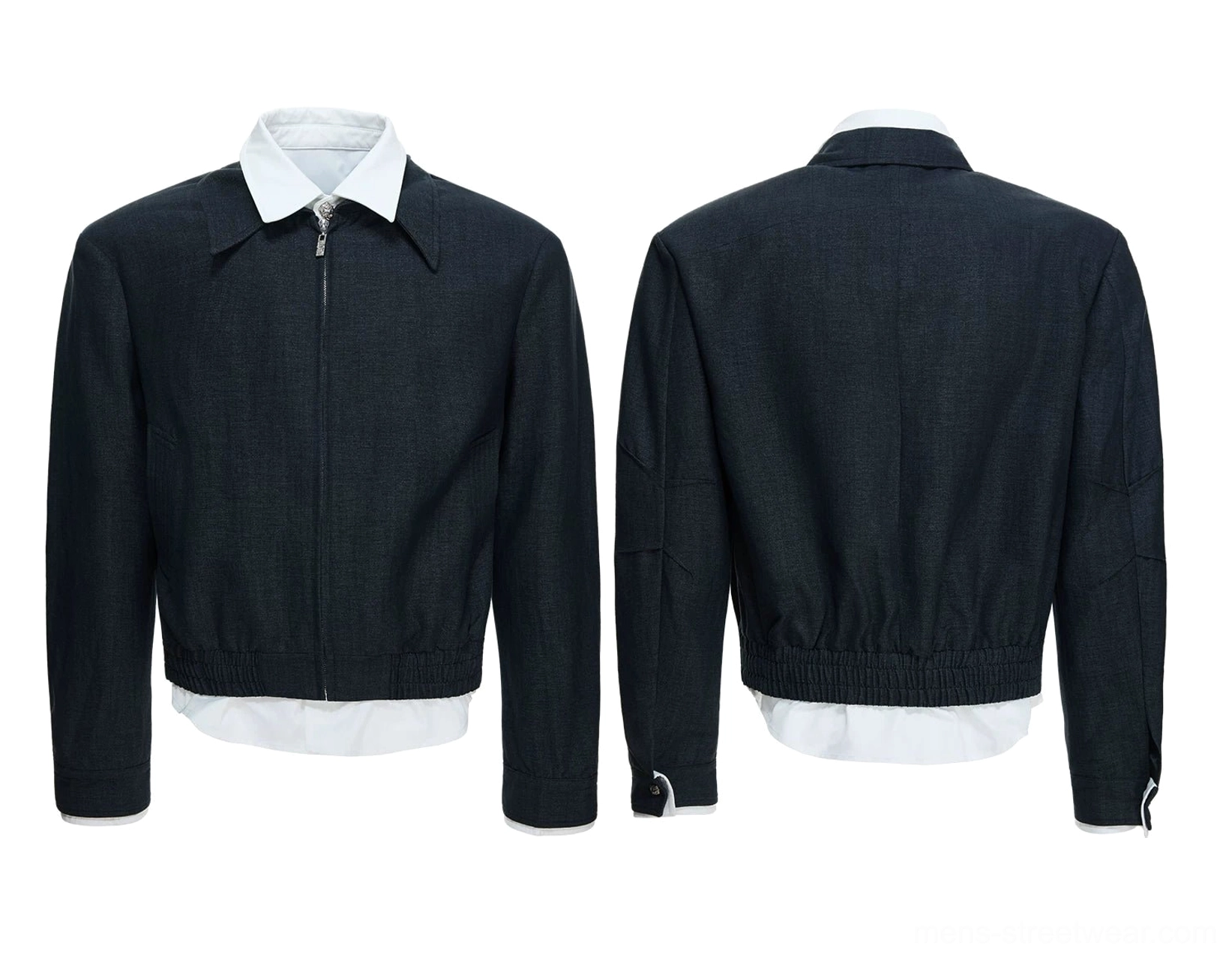 Front and back views of a black false-layer zip blouson showing its subtle woven texture and contrast shirt hem