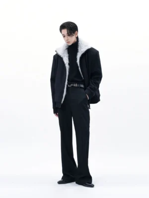 Men's black faux-fur collar bomber jacket full body side profile showing relaxed Seoul streetwear silhouette