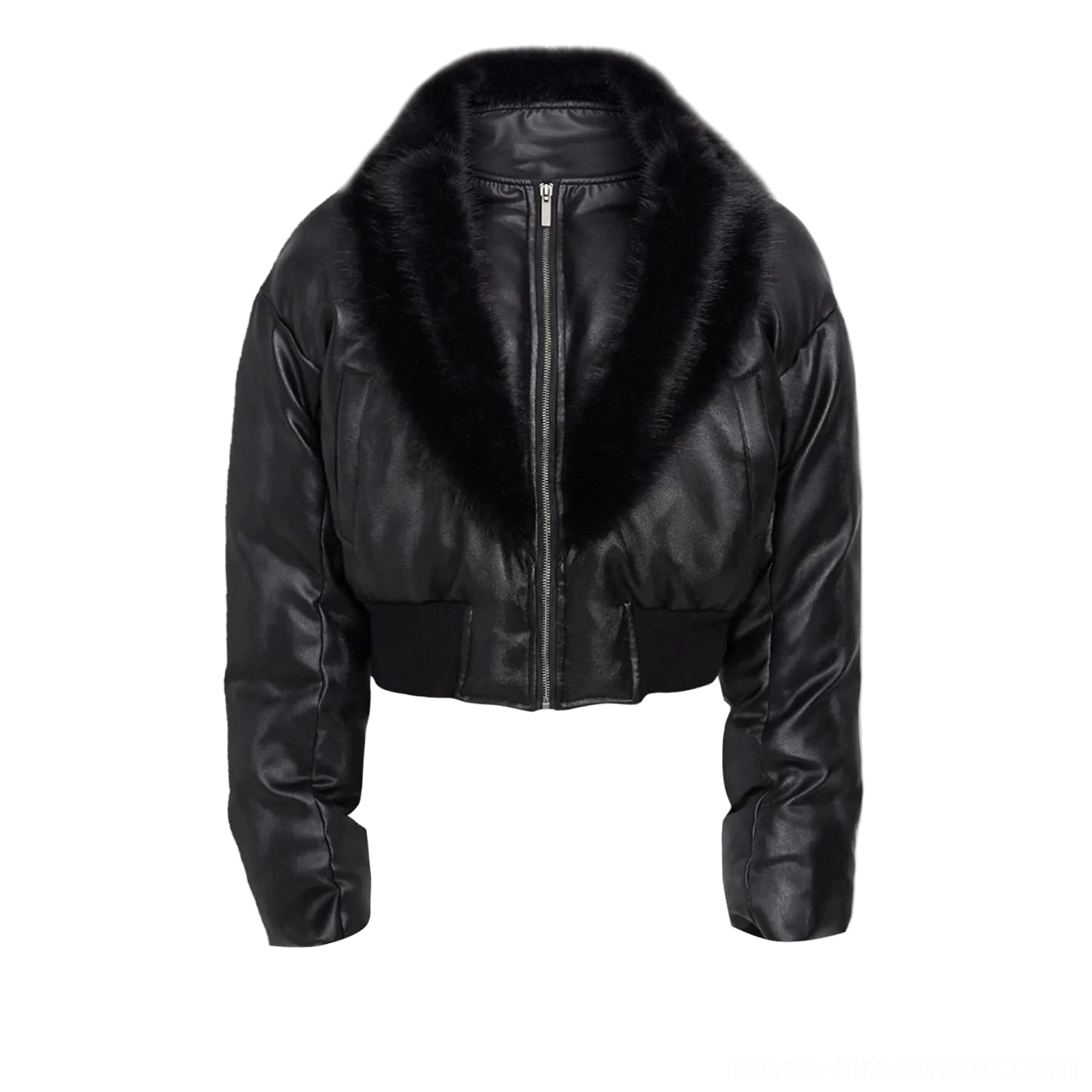 Front flat lay of black faux fur collar cropped puffer jacket showing metal zipper, ribbed bottom hem, ribbed cuffs, and padded bomber construction