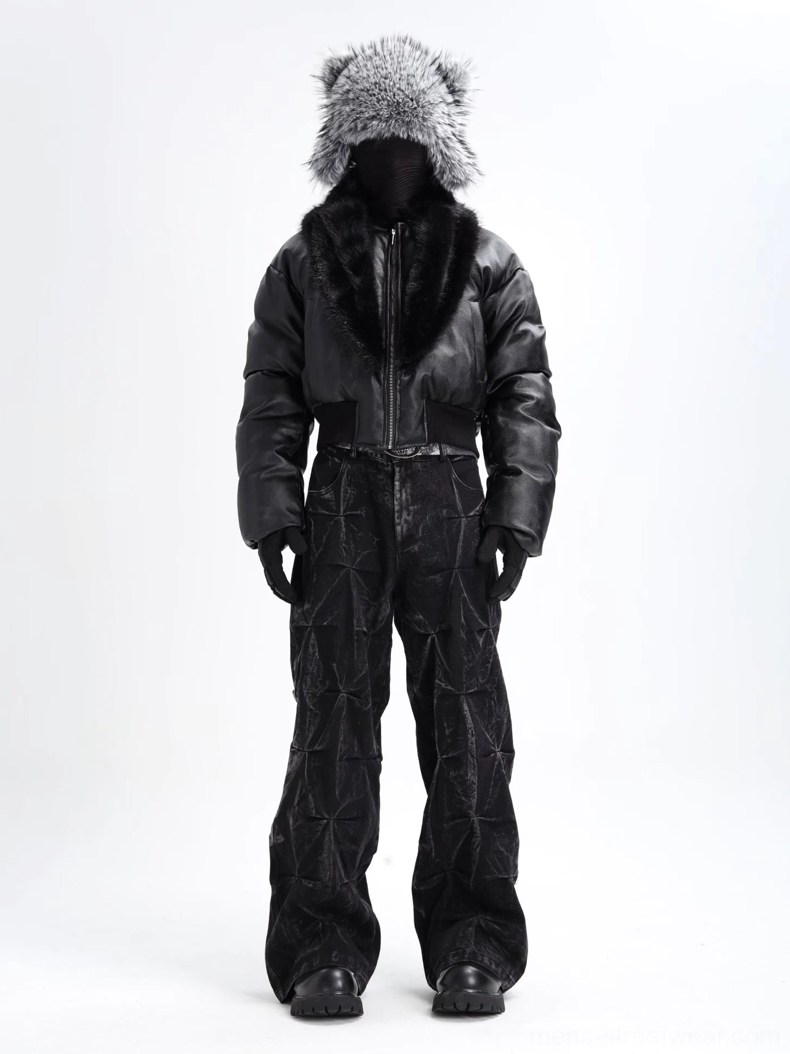 Full-body model wearing black faux fur collar puffer bomber jacket with wide-leg jeans, chunky boots, gloves, and Korean streetwear styling