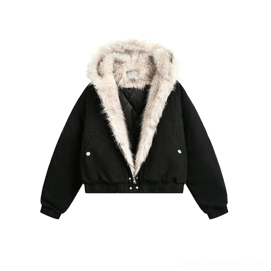 Black faux fur lined hooded cropped bomber jacket color option with oversized streetwear fit and winter-ready texture