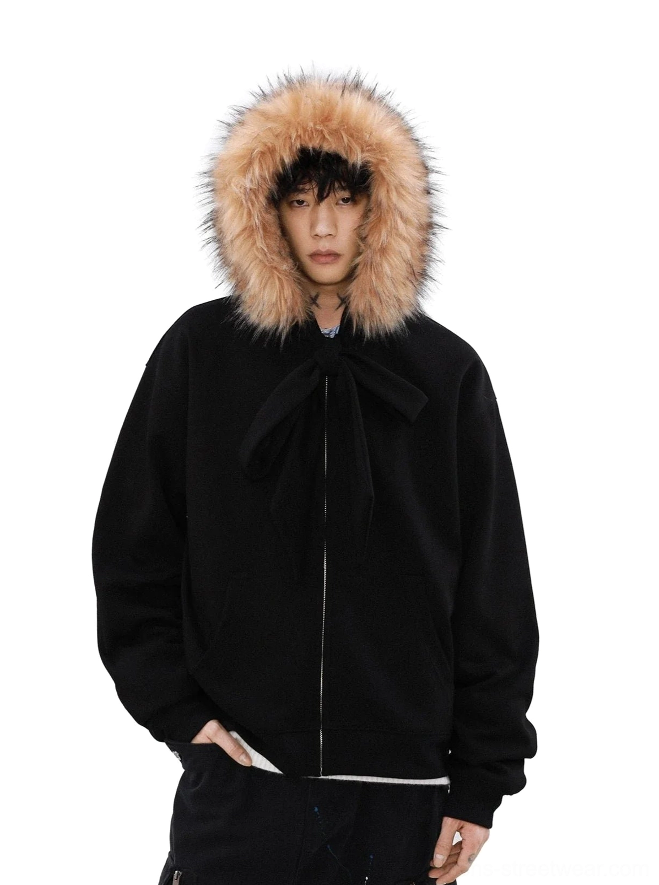 Black faux fur trim zip-up hoodie with brown fur hood edge and chest bow detail shown from the front