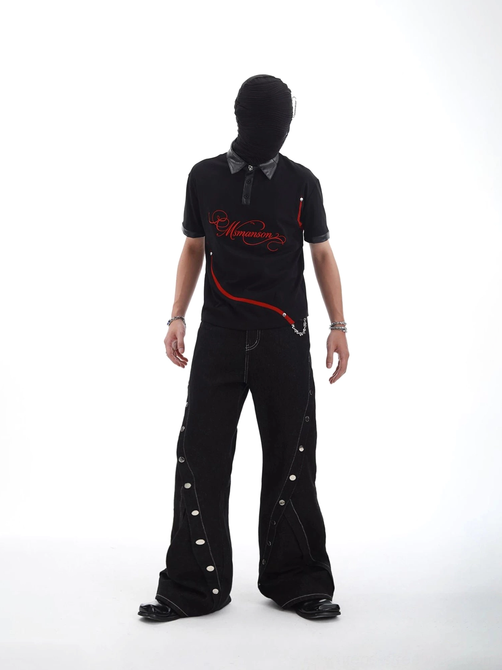 Full outfit styling with black faux leather collar polo wide leg denim pants silver jewelry and dark Korean streetwear aesthetic