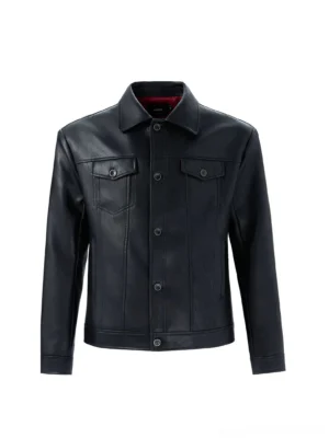 Black faux leather trucker jacket front flat lay showing pointed collar button placket dual chest flap pockets and contrasting red inner lining