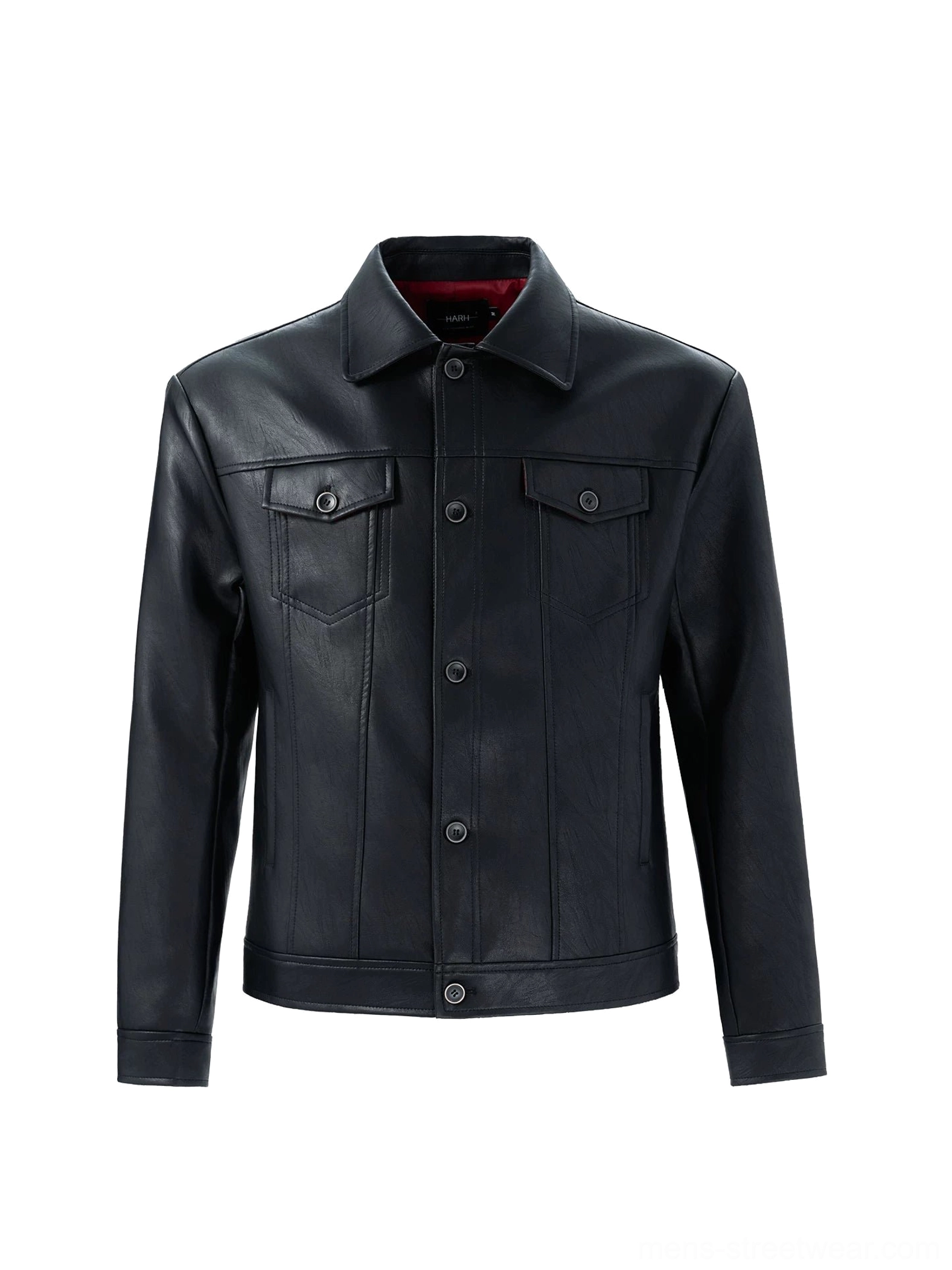 Black faux leather trucker jacket front flat lay showing pointed collar button placket dual chest flap pockets and contrasting red inner lining