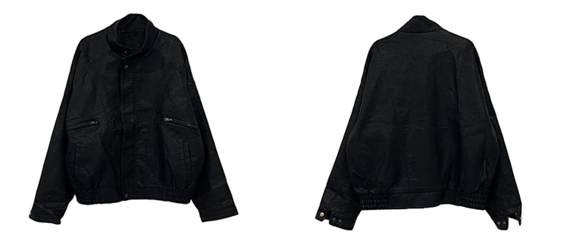Black faux leather stand collar bomber jacket front and back flat product views with ribbed cuffs and waistband