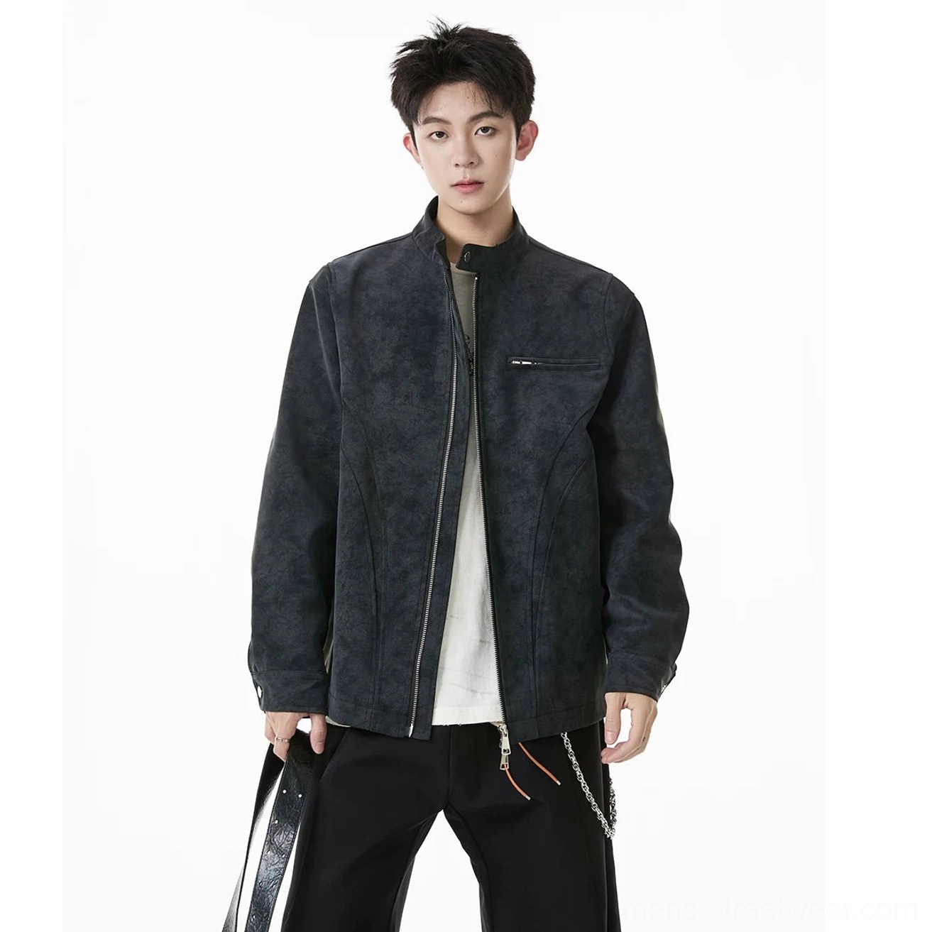Black faux suede moto zip jacket with stand collar and chest zip pocket styled with black trousers