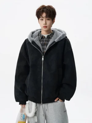 Black faux suede hooded bomber jacket with gray plush lining, silver zipper, oversized fit, and casual urban streetwear styling