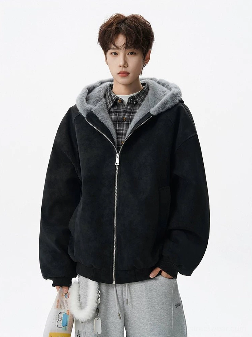 Black faux suede hooded bomber jacket with gray plush lining, silver zipper, oversized fit, and casual urban streetwear styling