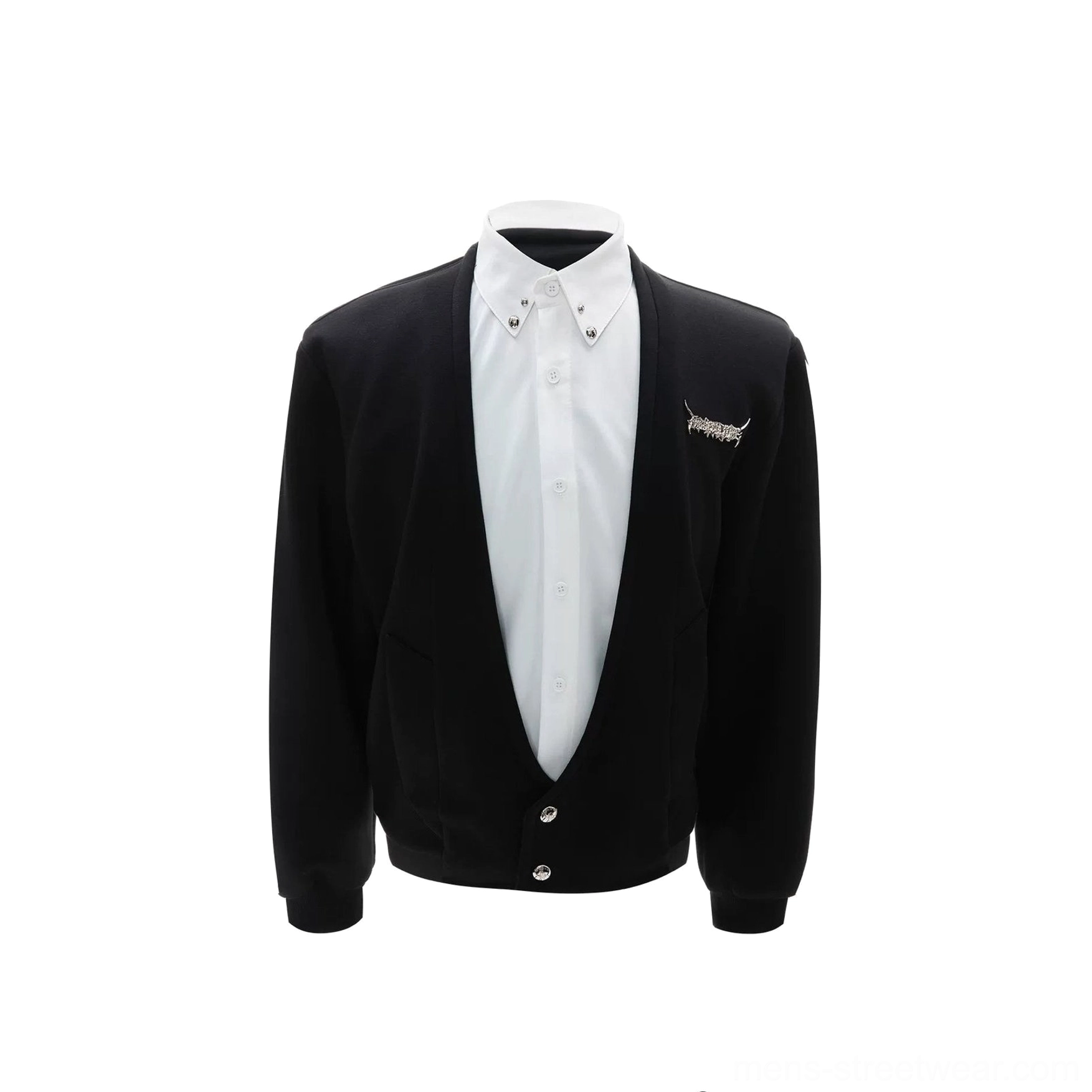 Flat lay of black faux-twinset cardigan shirt with deep V-neck, button front, and small chest embroidery