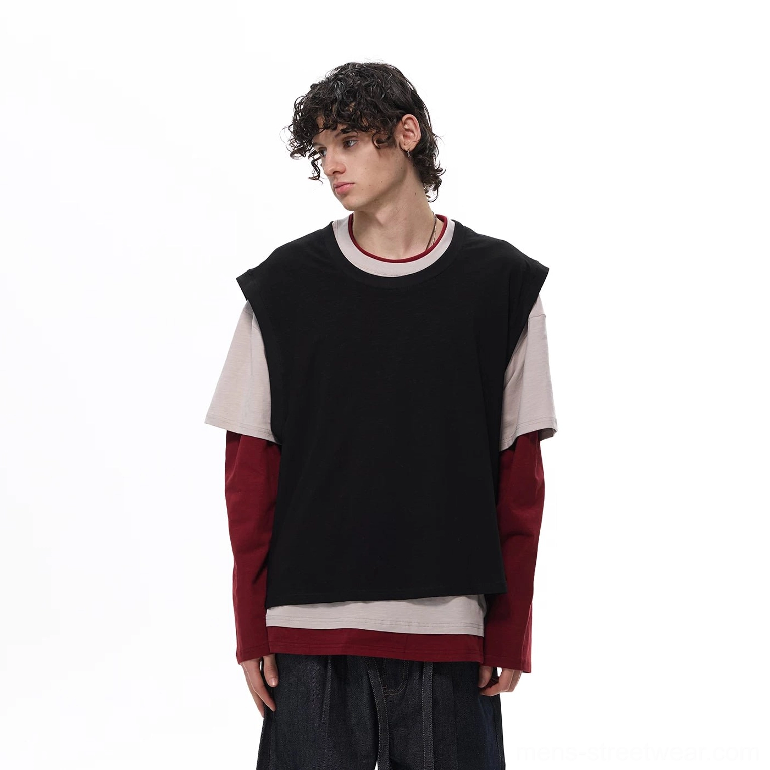 Black faux two-piece layered vest tee top with detachable vest option for avant-garde Korean streetwear styling