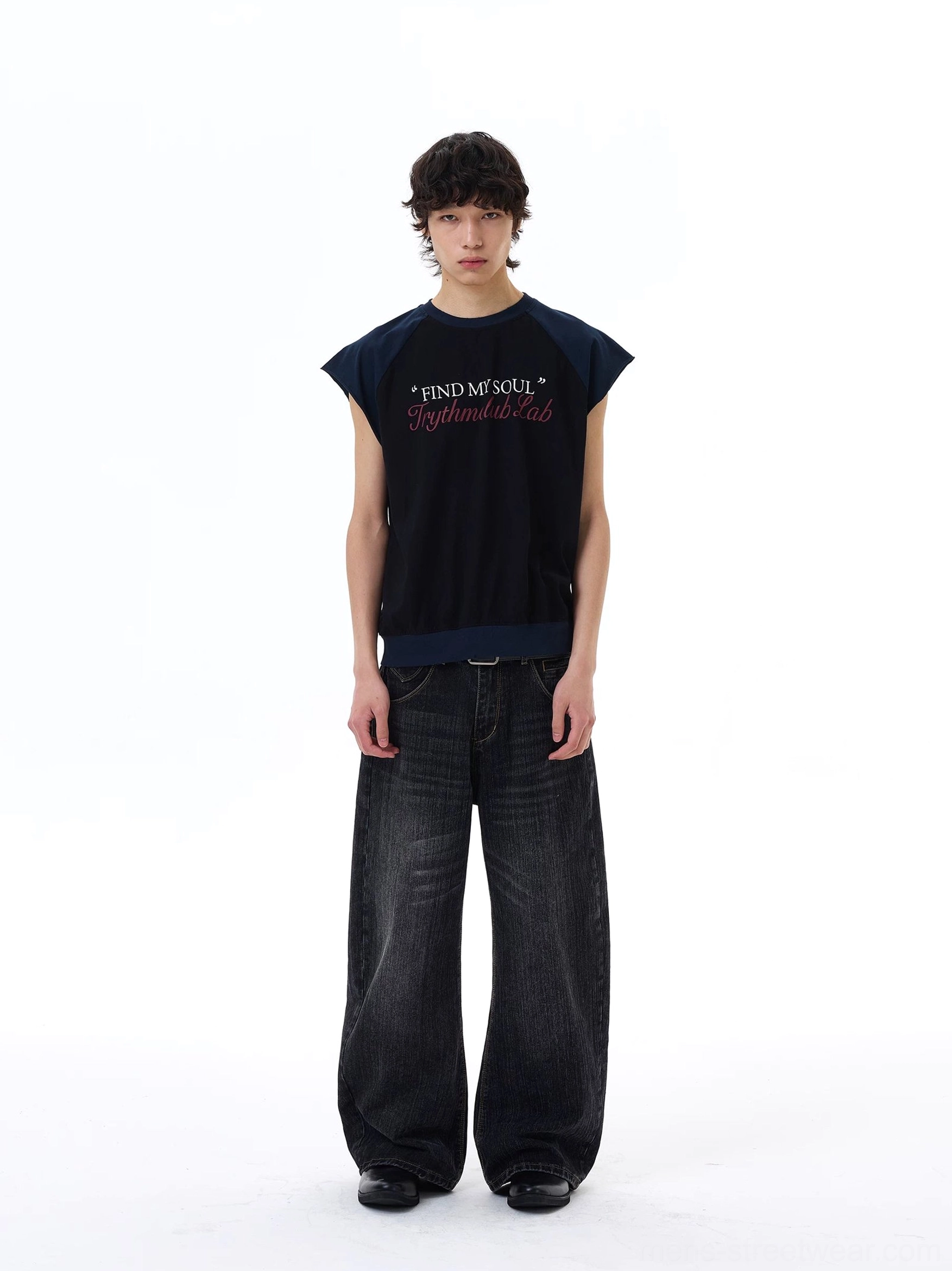 Black Find My Soul raglan cap-sleeve streetwear tee styled with dark wash baggy denim, front outfit view