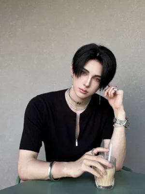 Black fitted ribbed half-zip knit top for men styled with layered silver necklaces in a Seoul streetwear cafe outfit