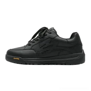 Black flame detail platform skate sneaker with low-top synthetic leather upper and black chunky traction sole