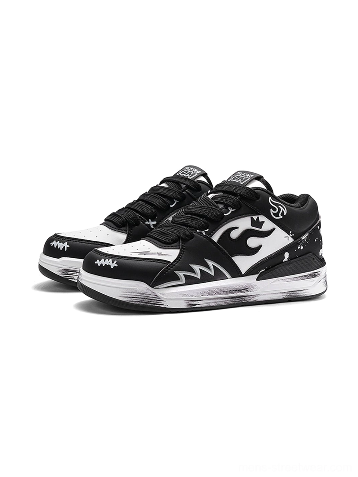 Black flame graphic court sneakers with a low-top silhouette, distressed streetwear styling, and bold graffiti-inspired side artwork