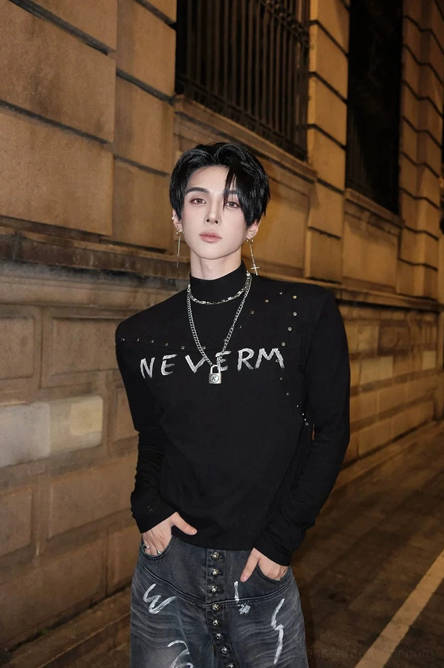Black fleece gothic turtleneck sweater with studded details, distressed graphic print, and warm slim-fit streetwear design