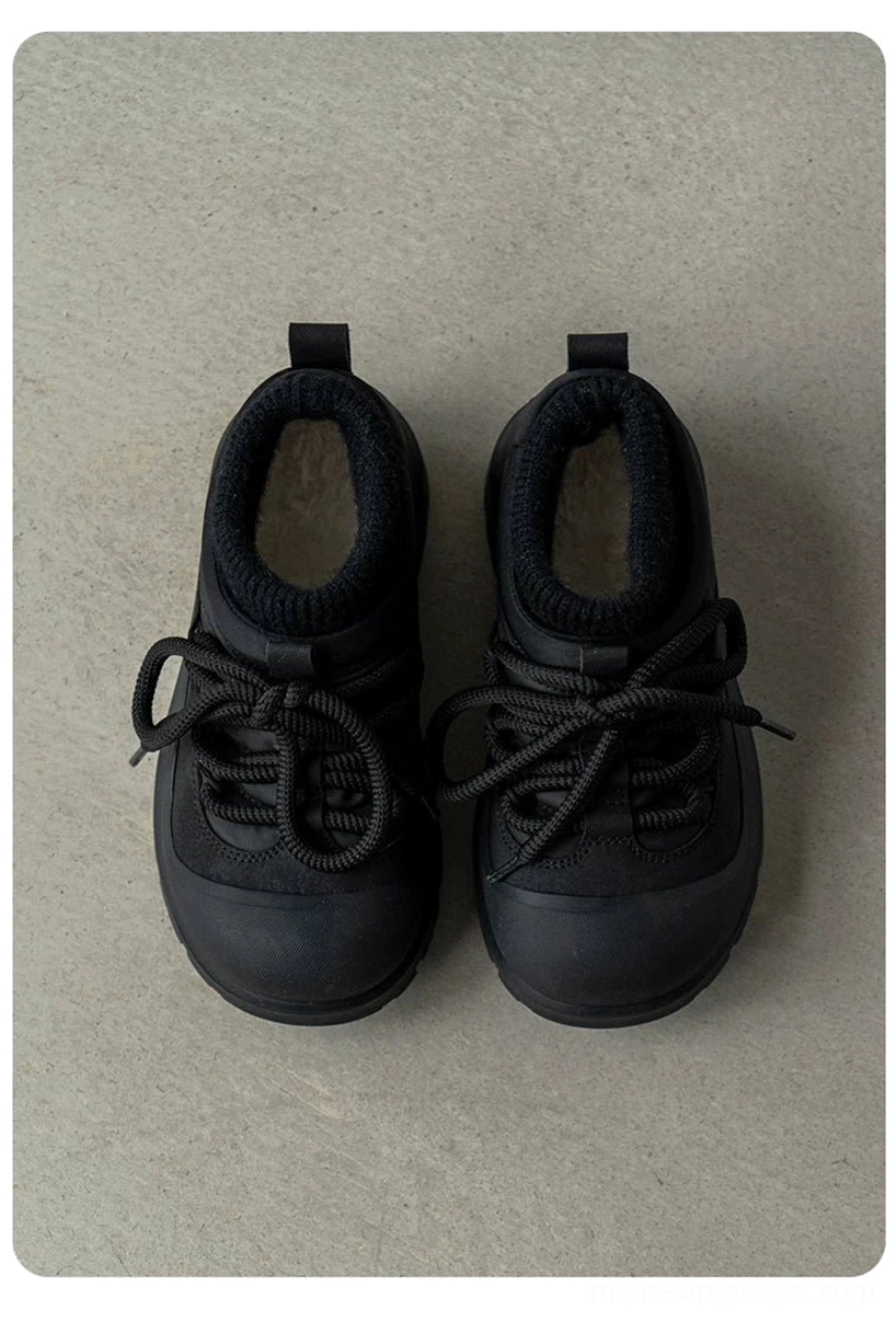 Black fleece-lined platform sneakers shown from a top-down view with chunky rubber outsole, lace-up front, ribbed collar, and winter streetwear design