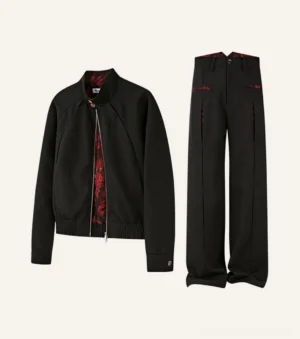 Black floral-lined bomber jacket and wide-leg pants two-piece streetwear set displayed in a flat lay front view