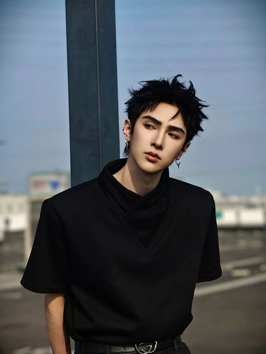Black folded mock neck streetwear T-shirt with drop shoulders, matte cotton finish, and avant-garde Korean fashion details