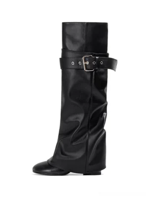 Black foldover knee-high buckle boots shown from the front with smooth synthetic leather, slouchy shaft, rounded toe, and adjustable calf strap