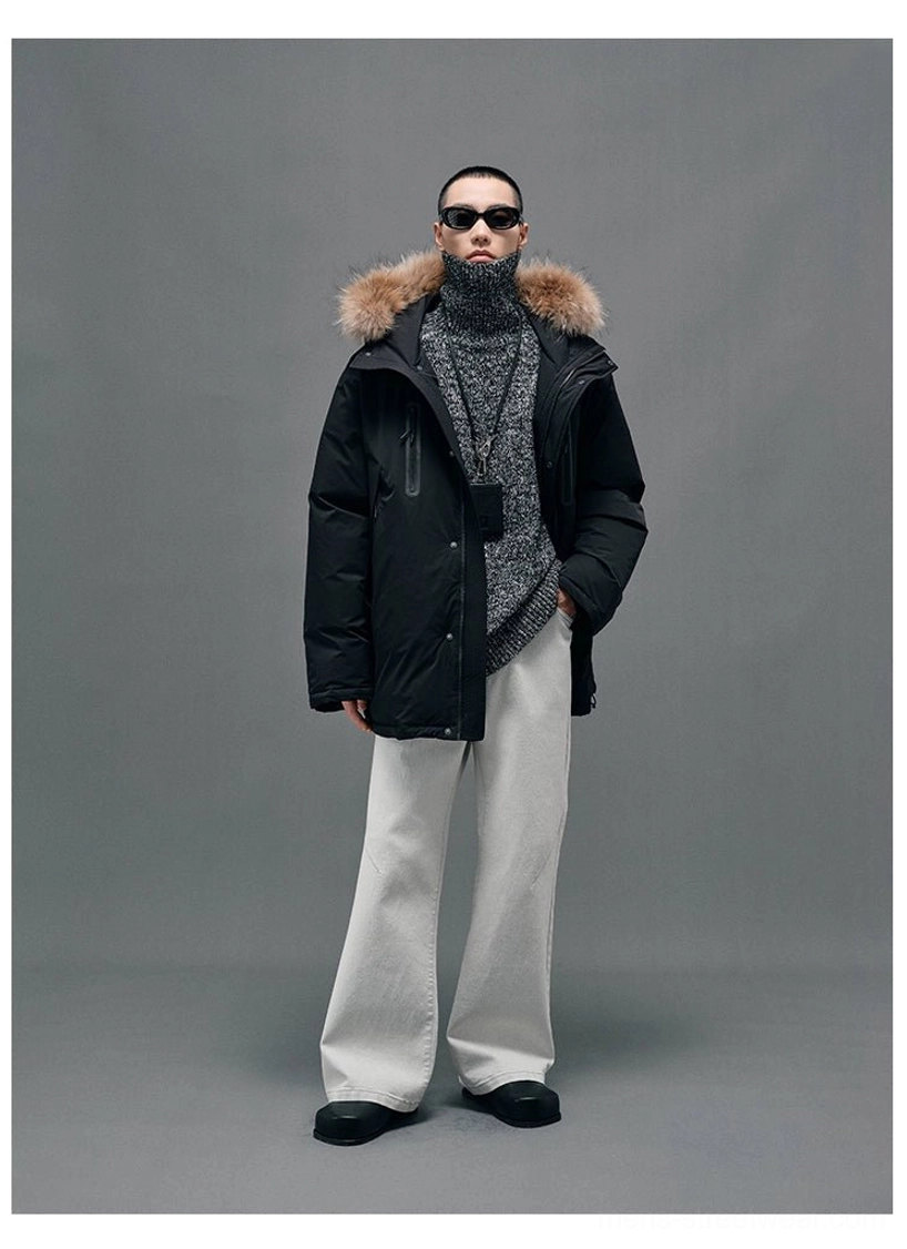 Black fur-collar hooded down coat product image showing the classic colorway, protective hood and relaxed urban fit
