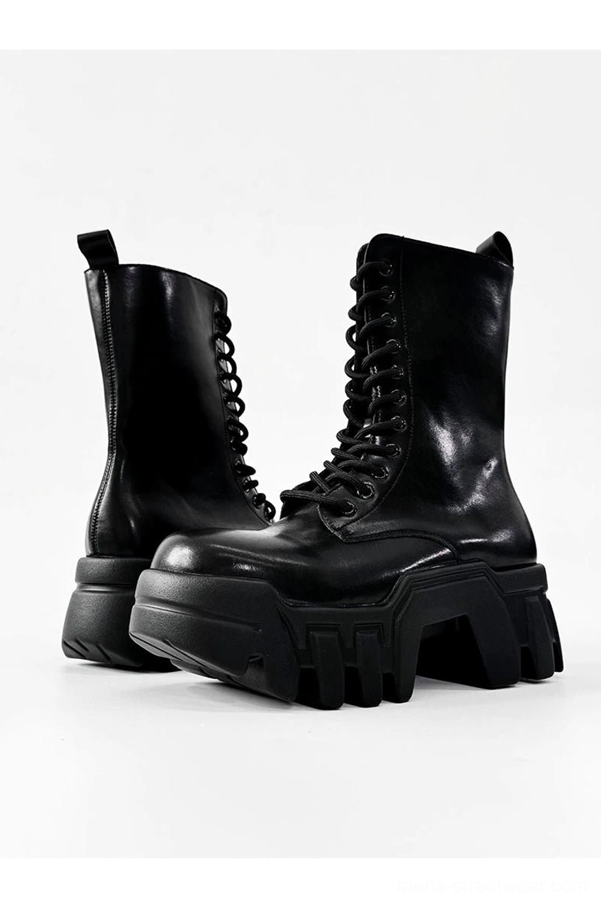 Black mid calf futuristic platform combat boots for darkwear and Seoul streetwear outfits