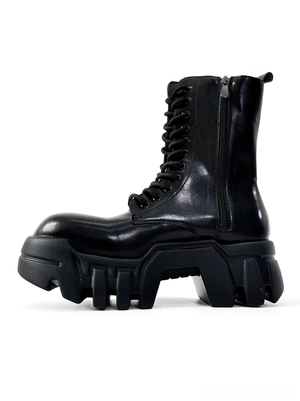 Single black futuristic combat boot with side zipper lace up vamp and segmented platform lug sole