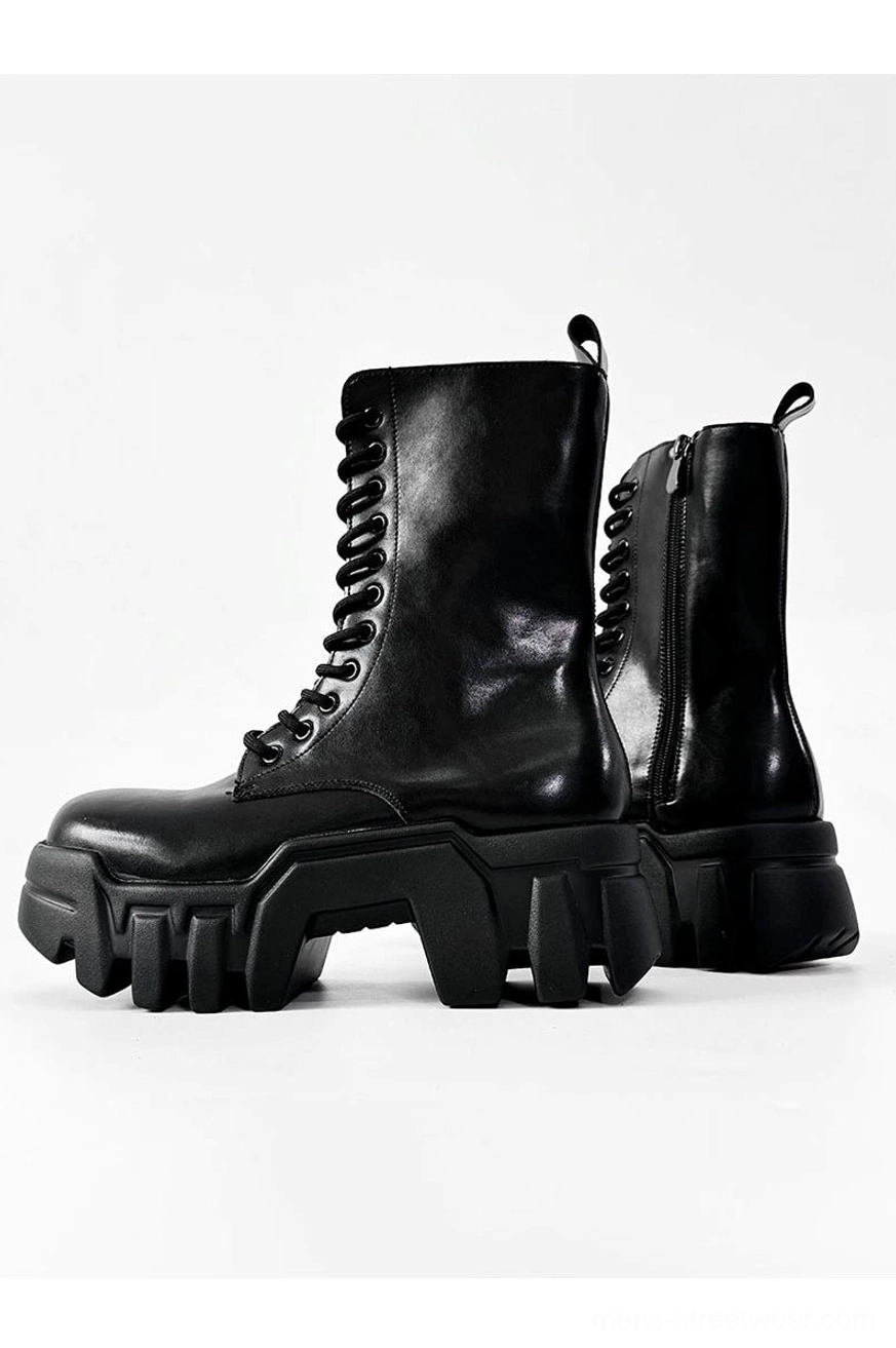 Black futuristic zip platform combat boots for techwear streetwear detailed product view