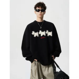 Black oversized crewneck knit sweater with fuzzy white puppy graphic, red DOUBLE lettering, drop shoulders, and relaxed Korean streetwear fit